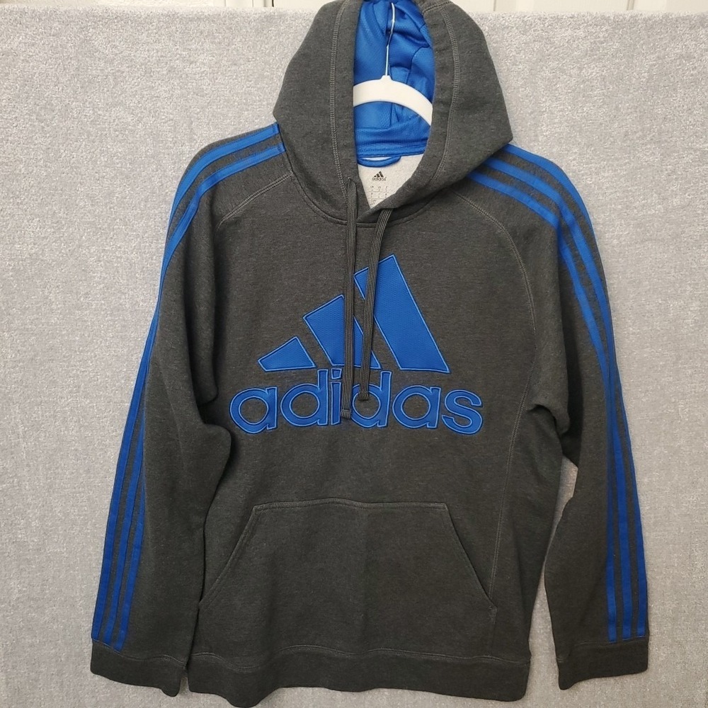 ADIDAS Spellout STITCHED 3 STRIPE Blue Gray Hooded Sweatshirt MEN'S Small